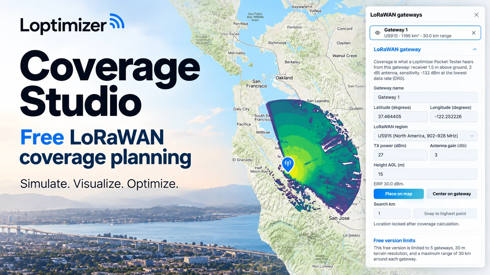 Coverage Studio avec paramètres de passerelle et contours de couverture simulée dans la baie de San Francisco