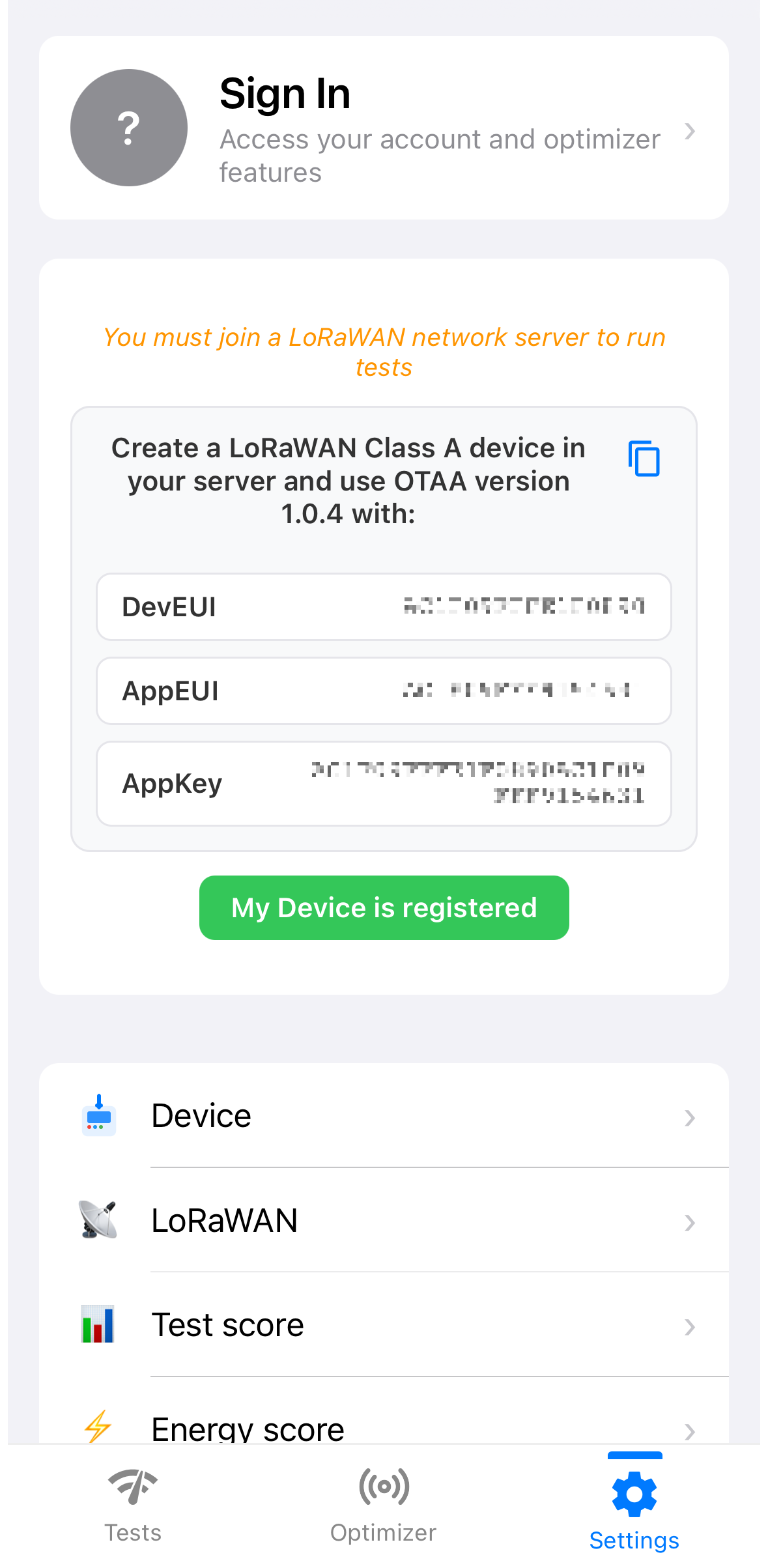 Device registration screen showing DevEUI, AppEUI, AppKey and My Device is registered
