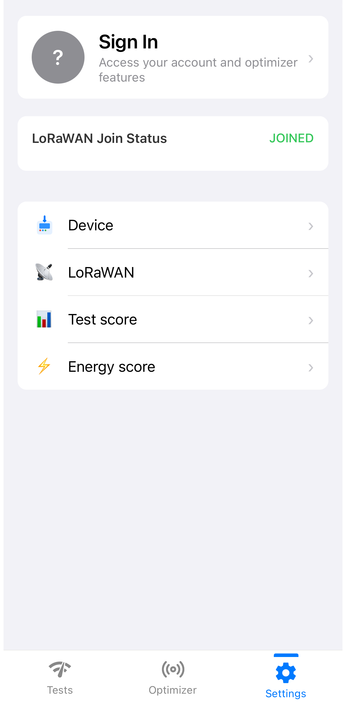 LoRaWAN Join Status showing JOINED
