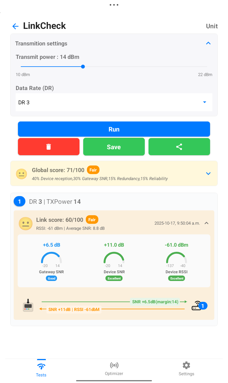 Loptimizer LinkCheck field test details screen