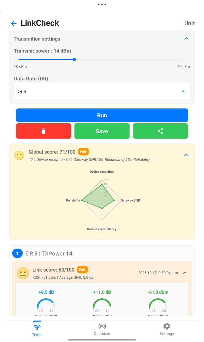 Loptimizer LinkCheck test screen