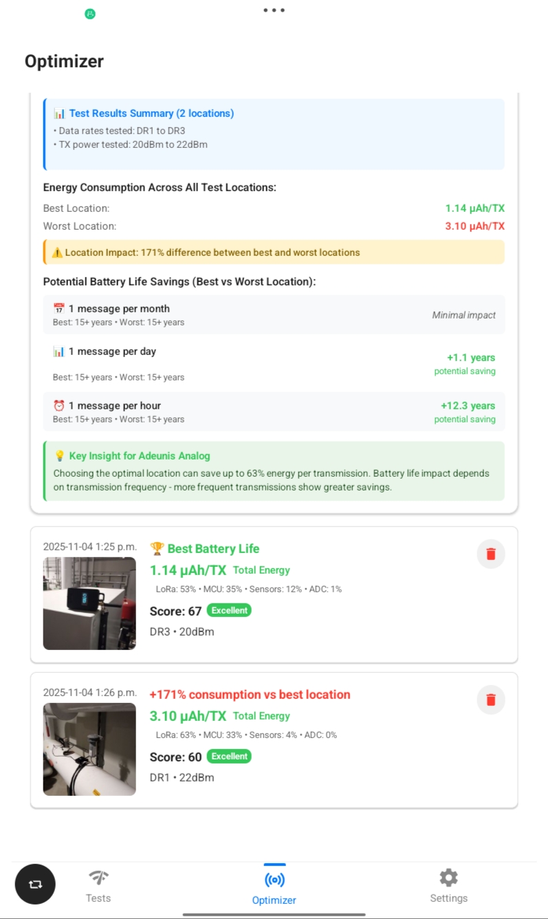 Loptimizer energy consumption comparison screen
