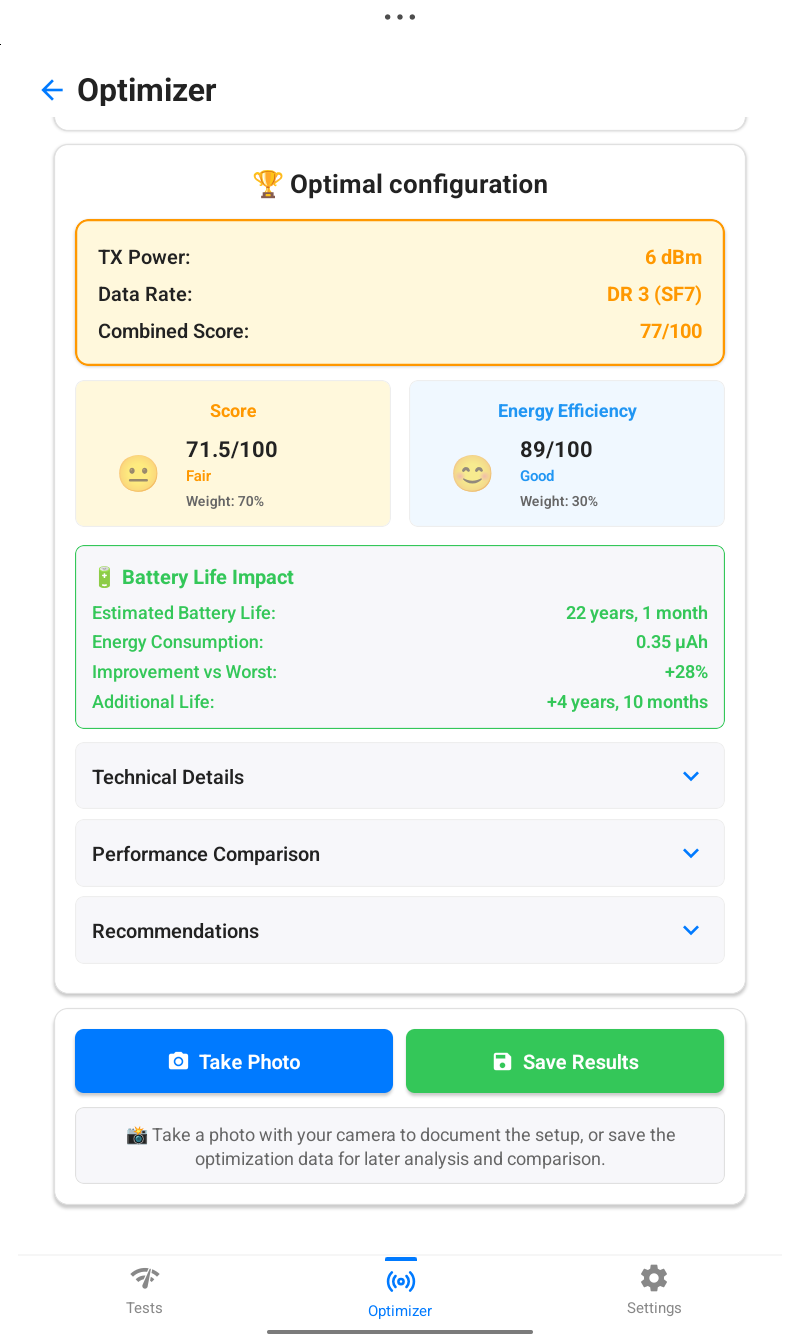Loptimizer optimal result and battery impact screen