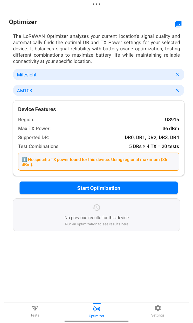 Loptimizer start optimization screen