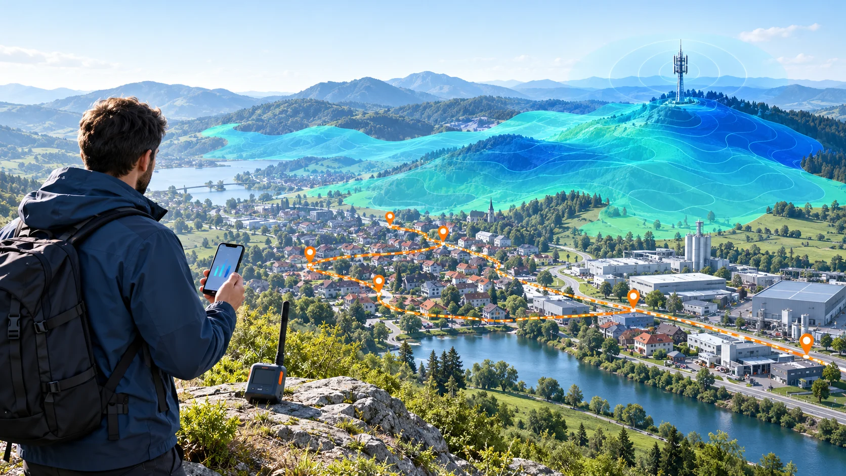 Illustration conceptuelle d'une simulation de couverture LoRaWAN et d'un technicien mesurant plusieurs points sur le terrain