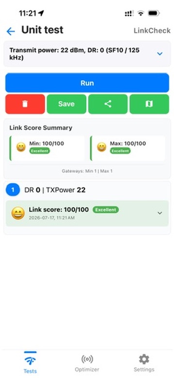 Résultat Unit test de l'application Loptimizer affichant un link score de 100 sur 100.