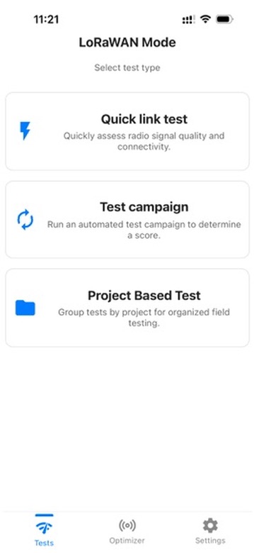 Menu Tests de l'application Loptimizer affichant Quick link test comme premier type de test.