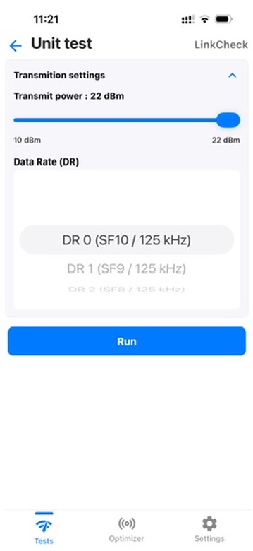 Paramètres Unit test de l'application Loptimizer montrant Transmit power à 22 dBm et DR 0 sélectionné.