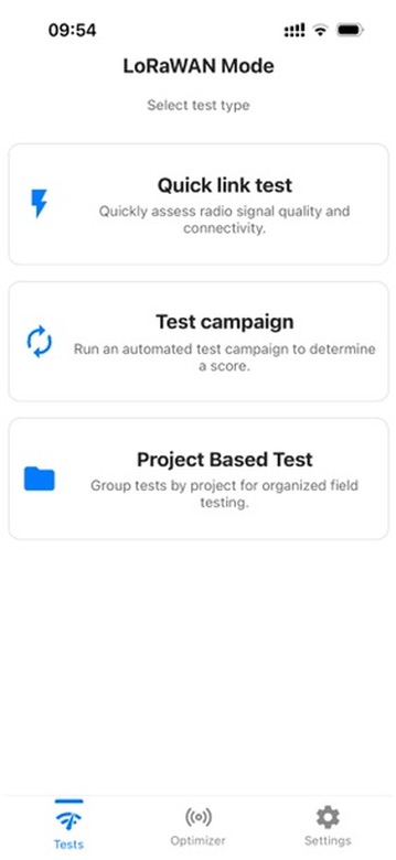 Écran LoRaWAN Mode de Loptimizer avec les options Quick link test, Test campaign et Project Based Test.