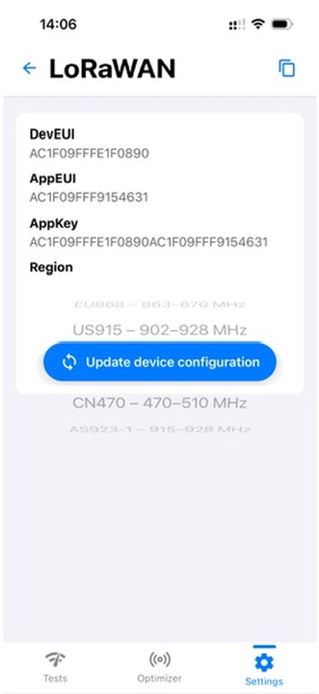 Écran LoRaWAN de Loptimizer montrant le bouton Update device configuration sous la région US915 sélectionnée.