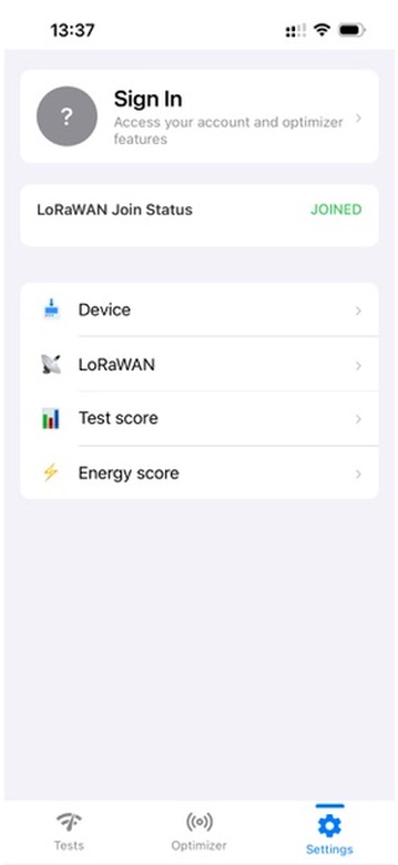 Écran Settings de l'application Loptimizer montrant l'option de menu Test score.